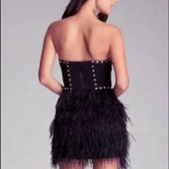 BEBE 'Isis' Black Feather Silver Studded Strapless Mini Dress SIZE: XS - Picture 4 of 8